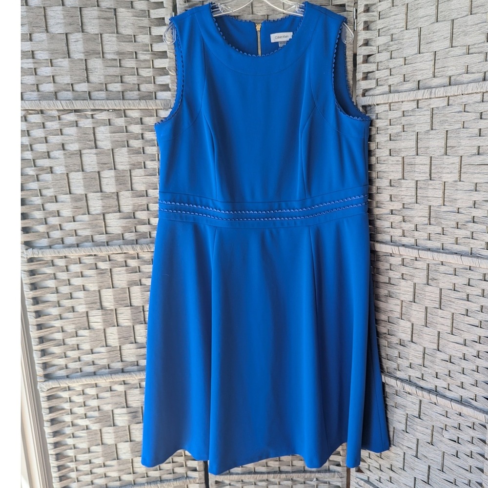Calvin Klein Dress Royal Blue Scalloped Trim‎ Fit & Flare Sleeveless Modest 16W